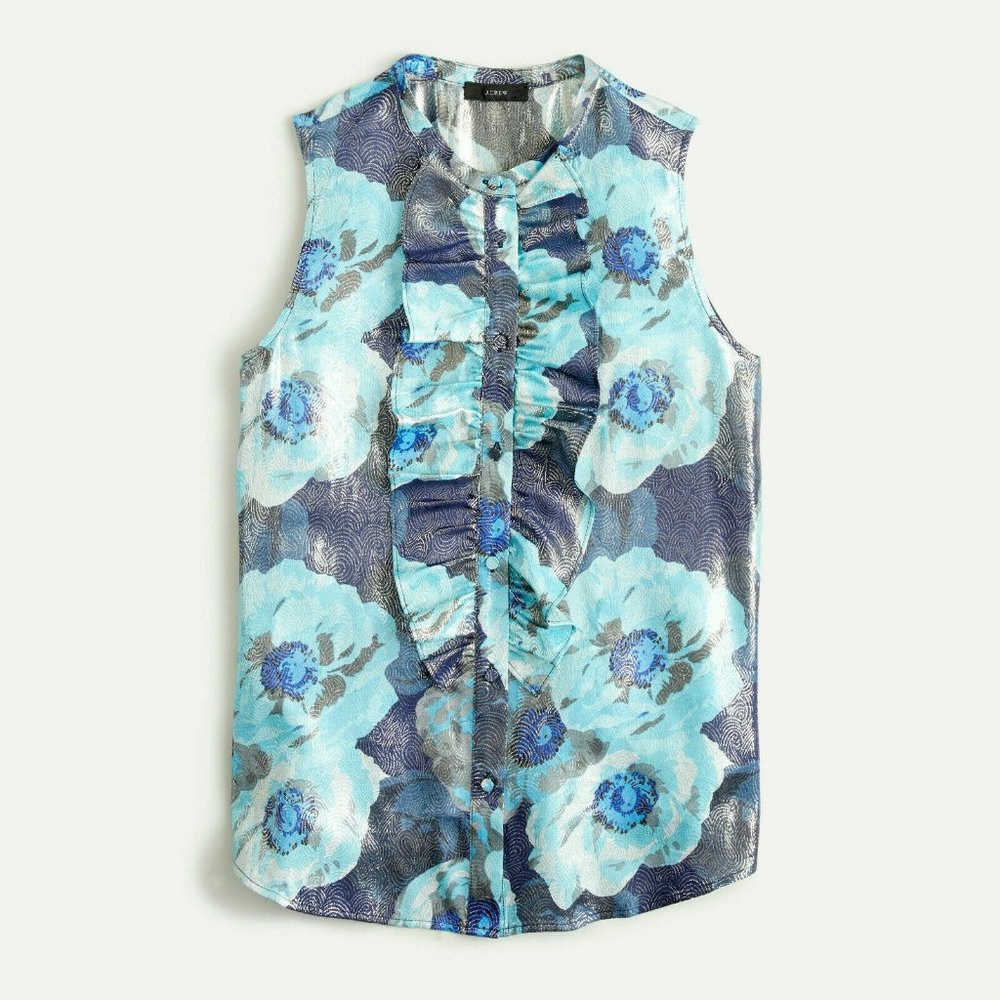 NWT J. Crew Jacquard Ruffle Floral Sleeveless Blouse Blue Metallic Small H12430